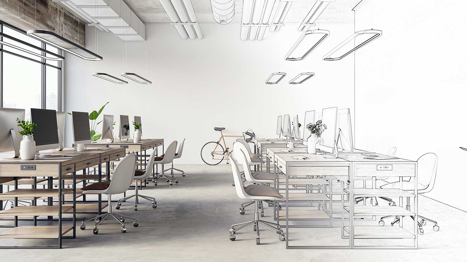 Office interior design sketch concept. 3D Rendering